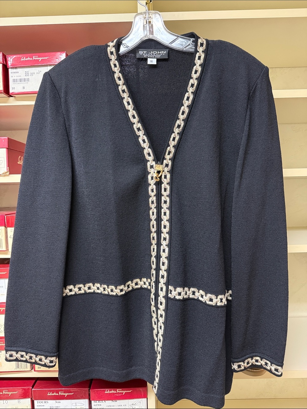 St. John Collection longline Black Cardigan with Cream and gold Chain-Trim